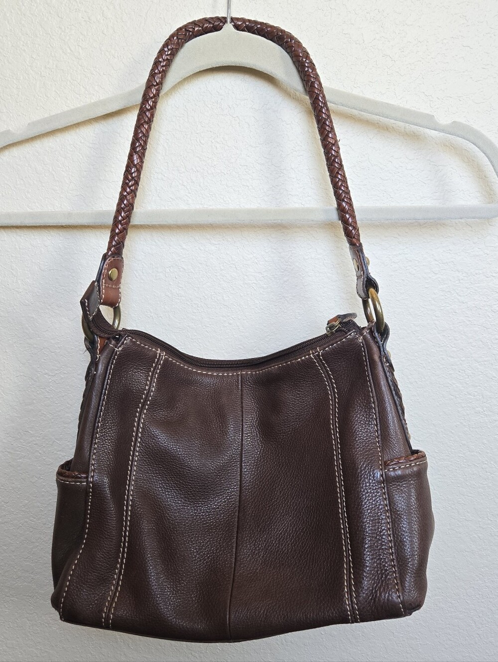 Vintage Genuine Leather Fossil Brown Shoulder Bag Braided Handles 75082 Y2k